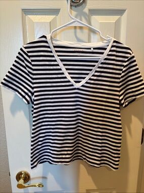 Boden Striped V-Neck Short Sleeve Cropped Cotton T-Shirt Size XS